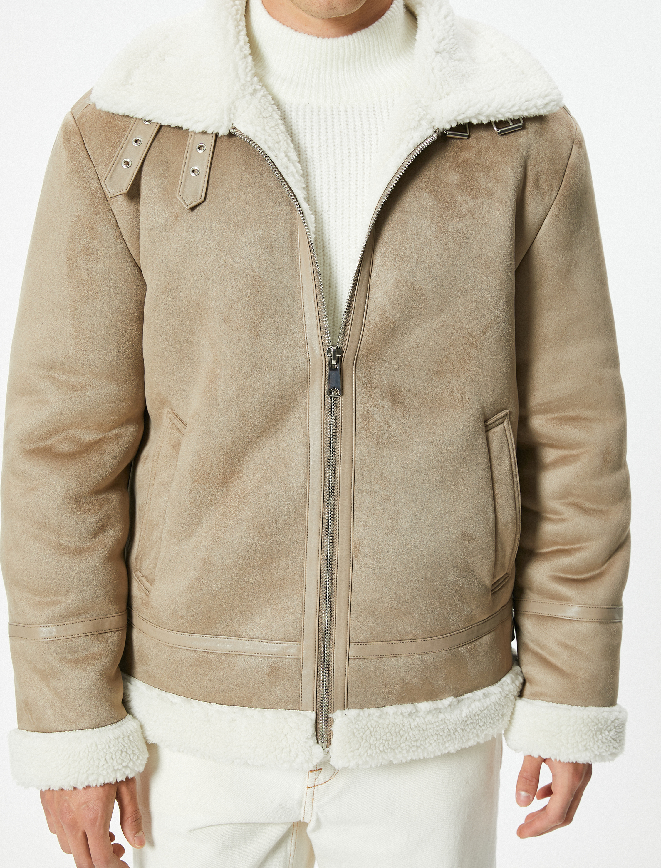   Süet Görünümlü Ceket Slim Fit İçi Peluş Fermuarlı Cep Detaylı