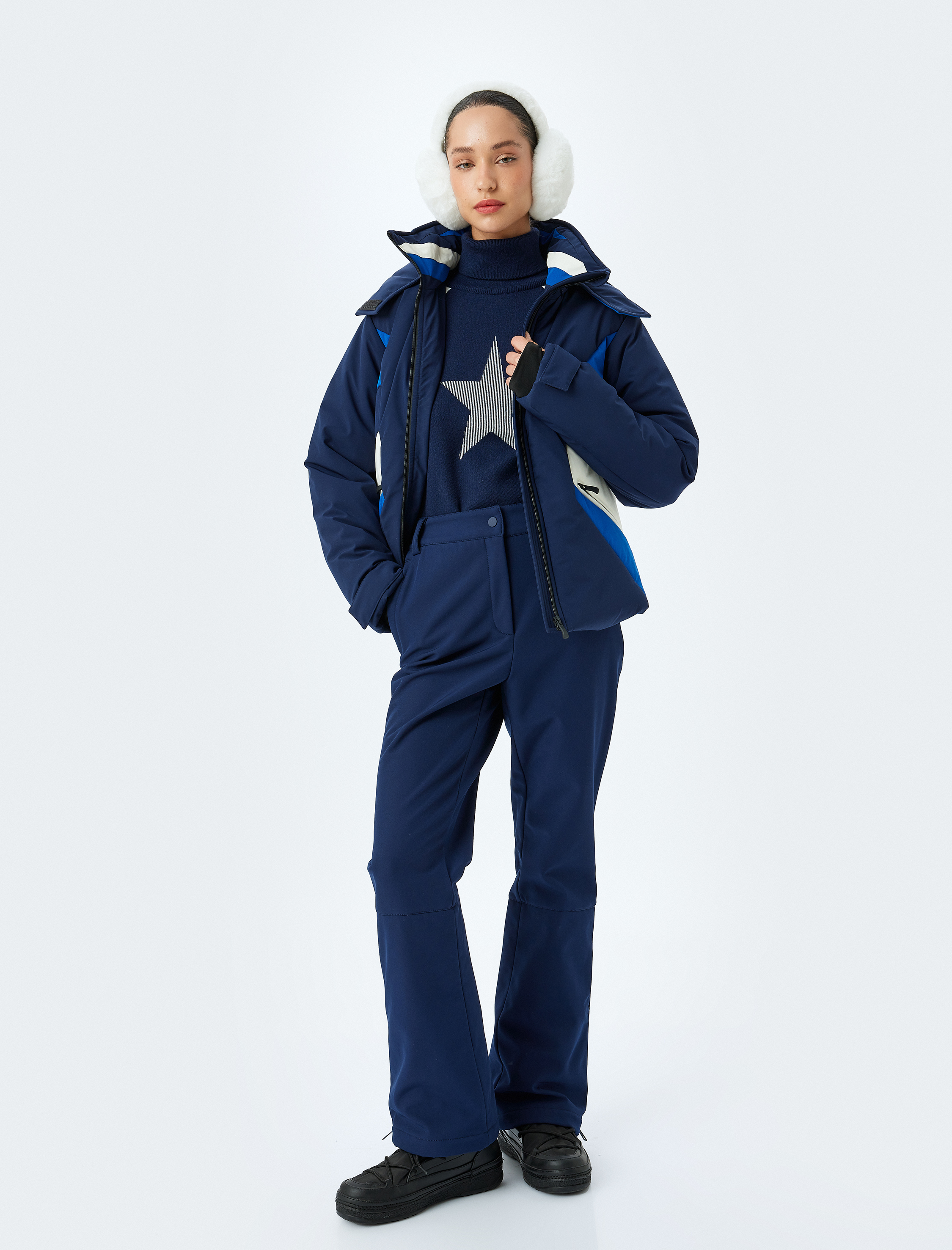 Renk Bloklu Çıkarılabilir Kapüşonlu Su Geçirmez Kayak Montu