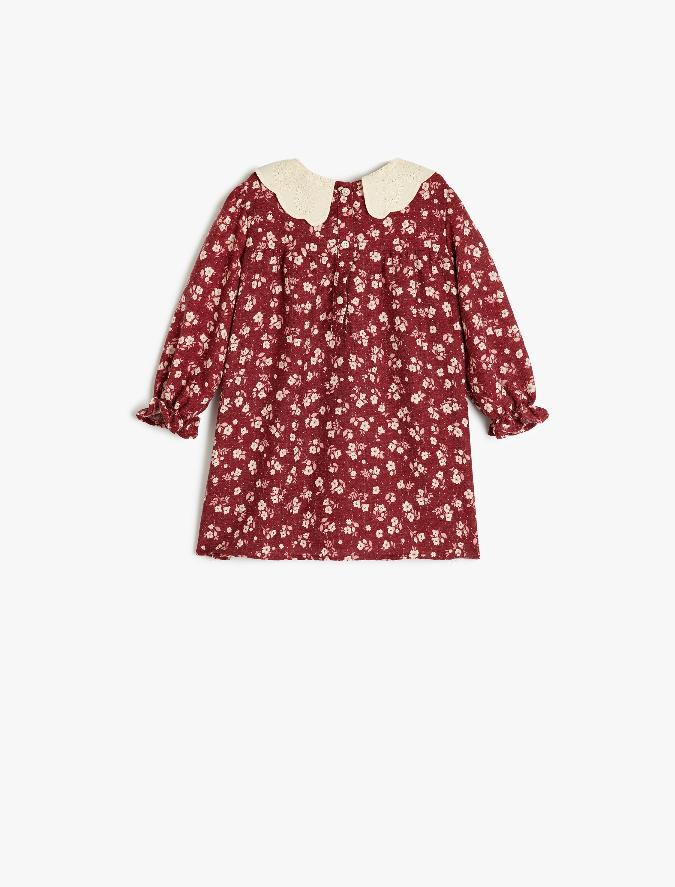  Kız Bebek Çiçekli Elbise Bebe Yaka Balon Kollu Dantel Detaylı Viskon Karışımlı