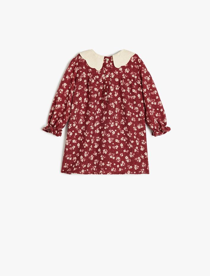 Kız Bebek Çiçekli Elbise Bebe Yaka Balon Kollu Dantel Detaylı Viskon Karışımlı