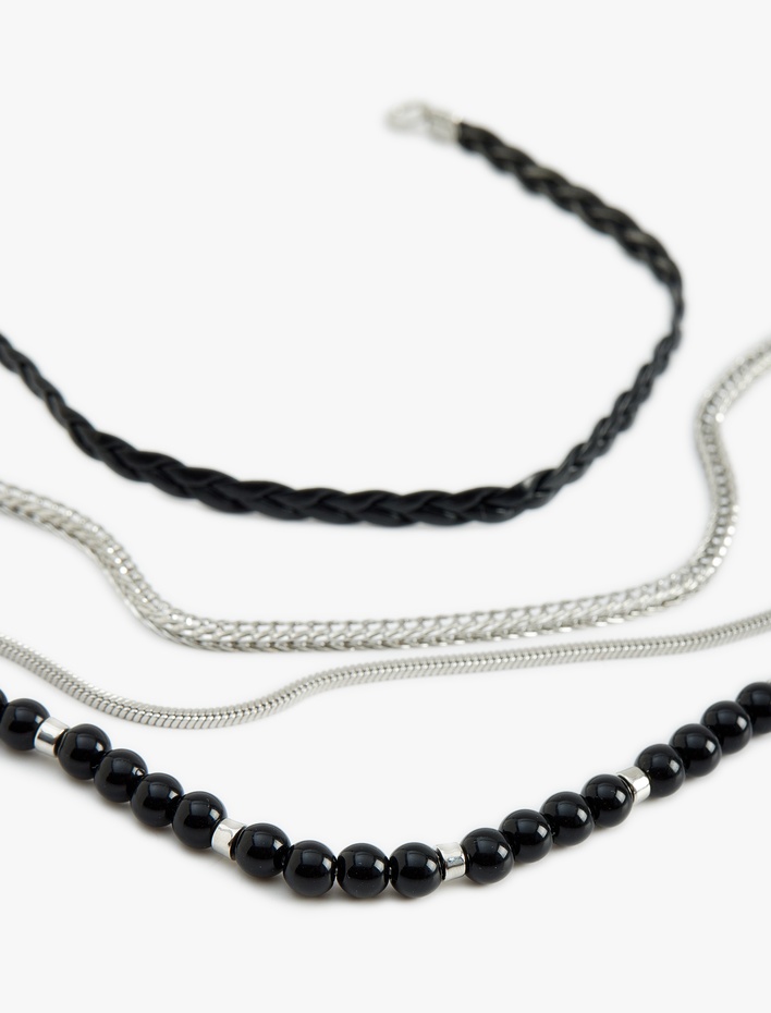 Erkek Boncuklu Suni Deri Zincir 4'lü Bileklik Seti