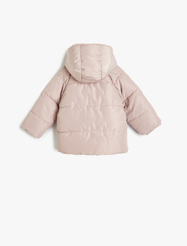 Kız Bebek Kapşonlu Şişme Mont Peluş Detaylı Fermuarlı Cepli