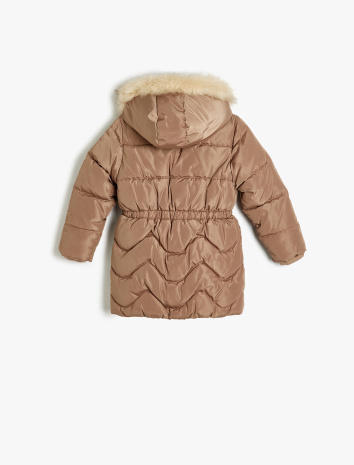 Kız Çocuk Şişme Kaban Suni Kürk Detaylı Kapşonlu Cepli Fermuarlı Kemer Detaylı