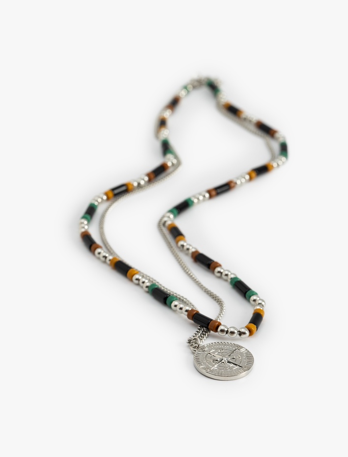 Erkek İkili Çok Renkli Boncuklu ve Zincir Madalyon Kolye