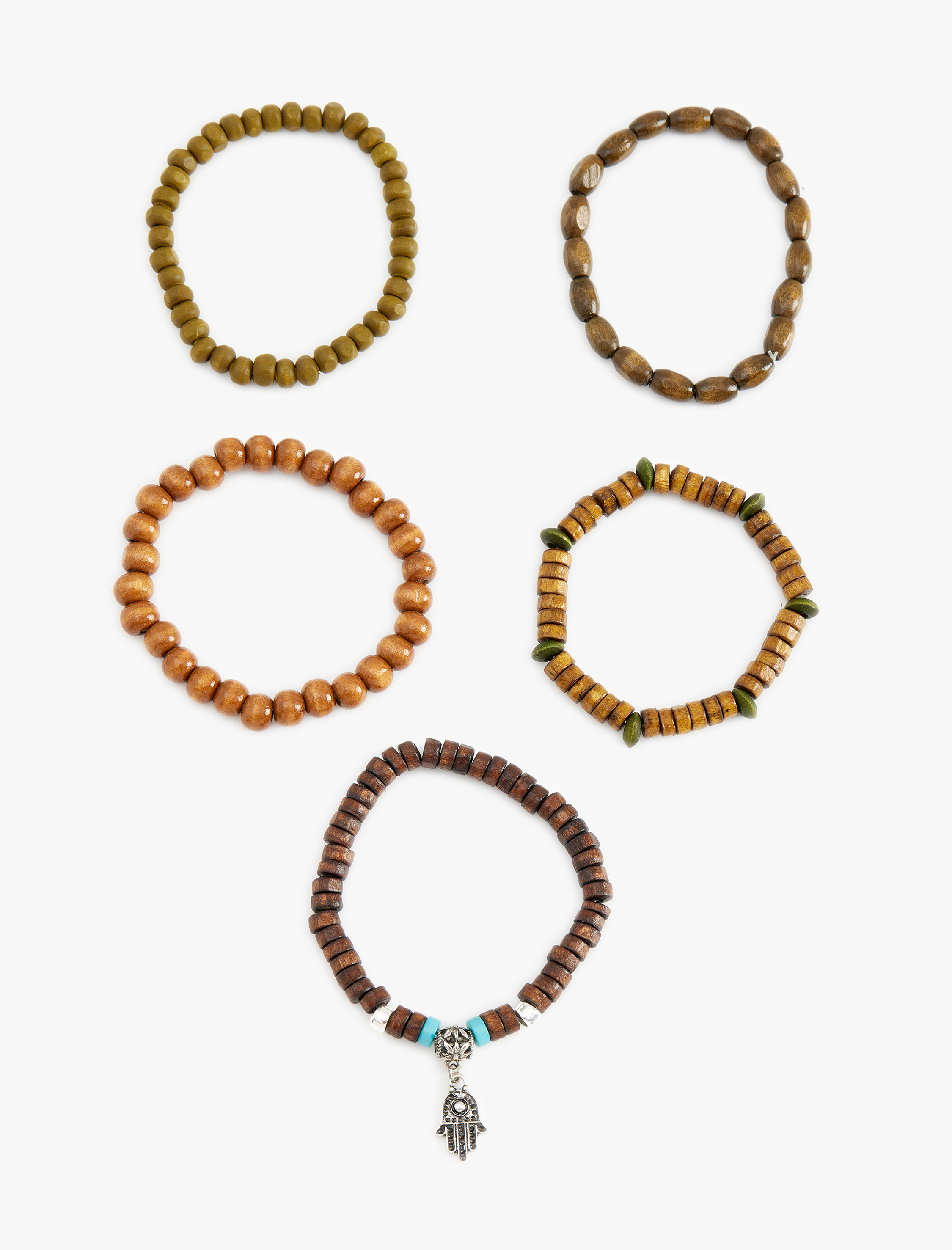  Erkek 5'li Charm Detaylı Ahşap Boncuklu Bileklik Seti