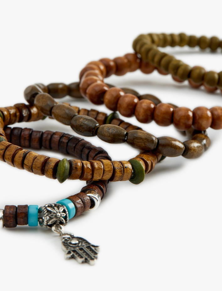 Erkek 5'li Charm Detaylı Ahşap Boncuklu Bileklik Seti
