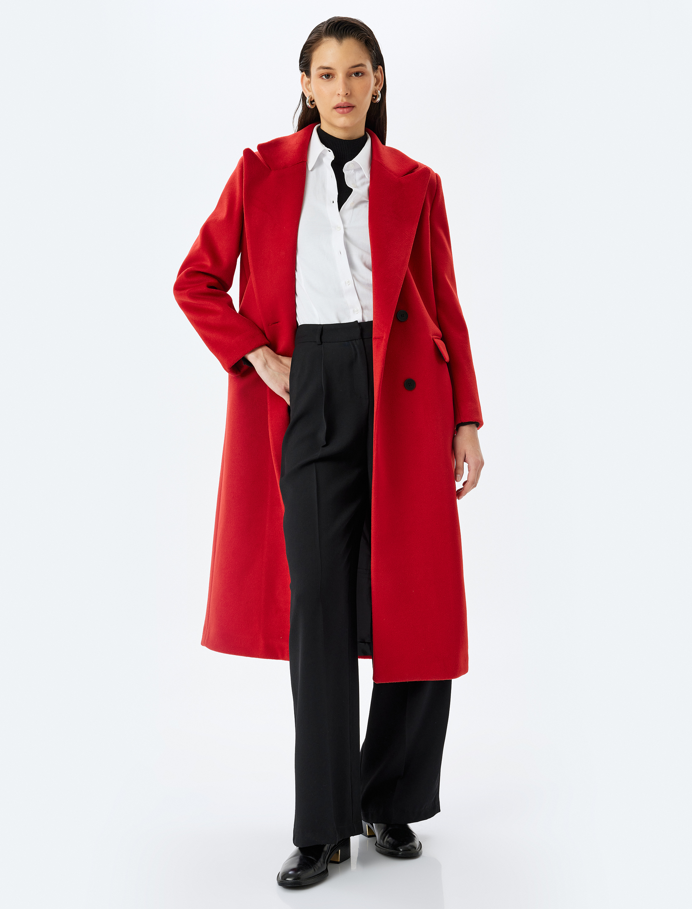 Düğmeli Kruvaze Uzun Kaşe Kaban