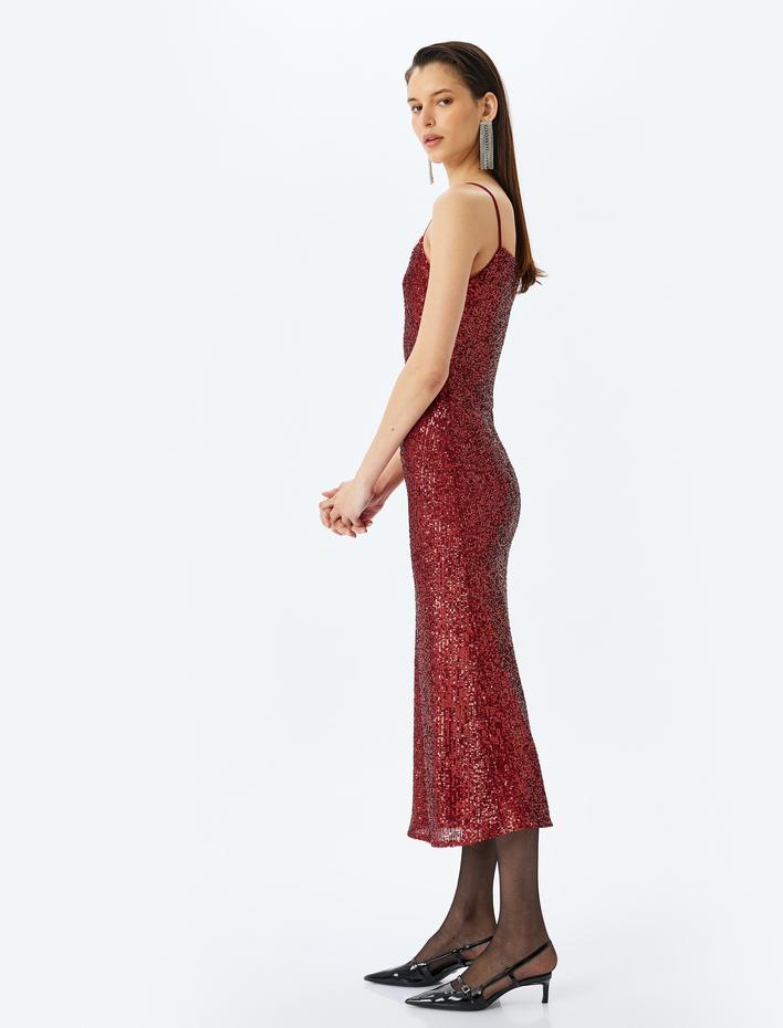  Pullu Payetli İp Askılı Slim Fit Uzun Abiye Elbise