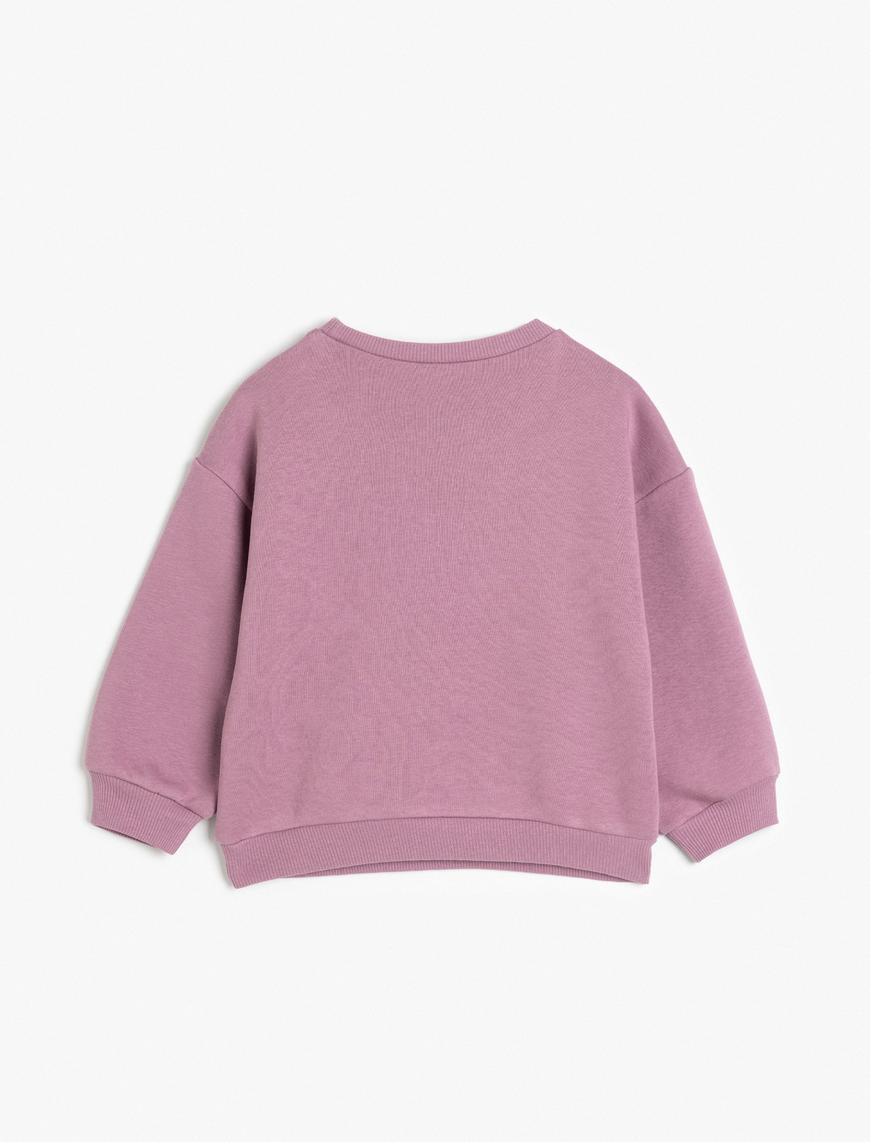  Kız Bebek Sweatshirt Uzun Kollu Kedi Baskılı Bisiklet Yaka Şardonlu Pamuklu