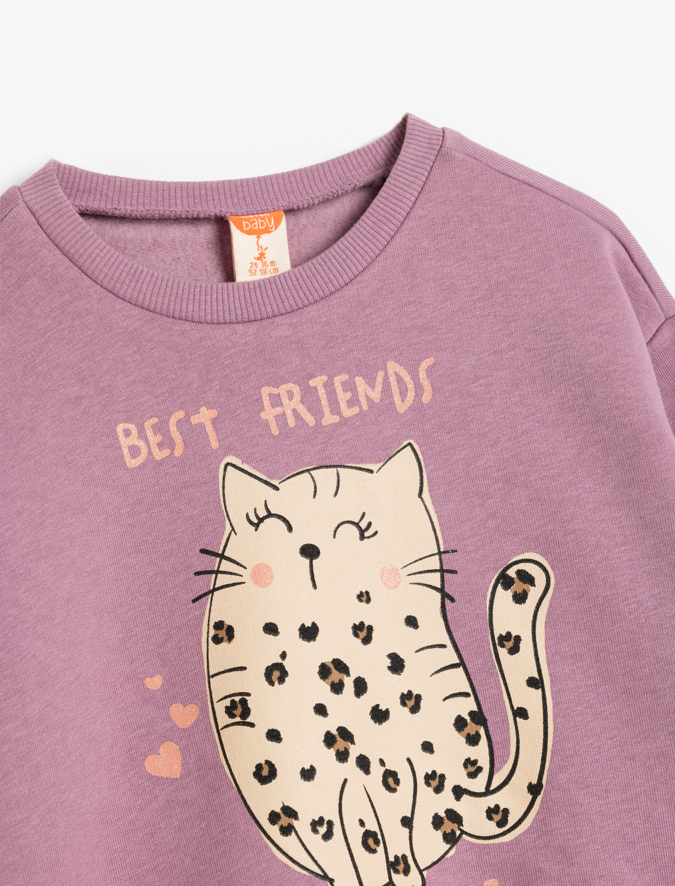  Kız Bebek Kedi Baskılı Uzun Kollu Bisiklet Yaka Şardonlu Sweatshirt