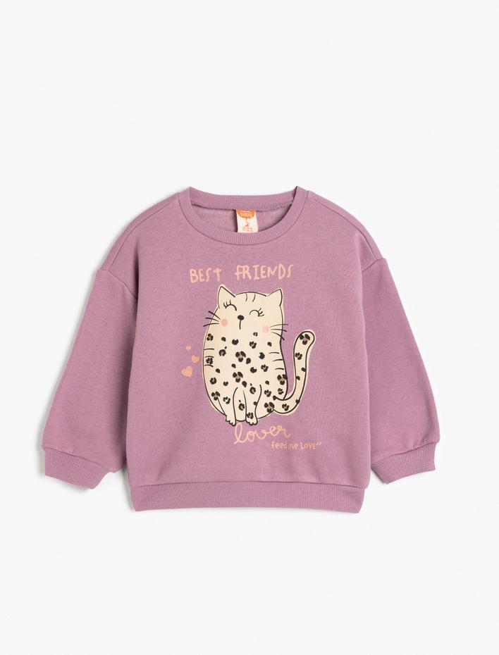 Kız Bebek Sweatshirt Uzun Kollu Kedi Baskılı Bisiklet Yaka Şardonlu Pamuklu