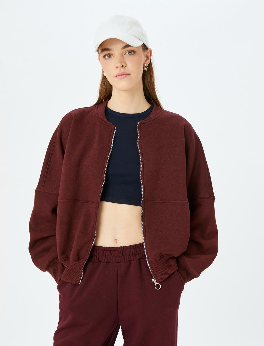   Oversize Fermuarlı Sweatshirt Dikiş Detaylı Bisiklet Yaka