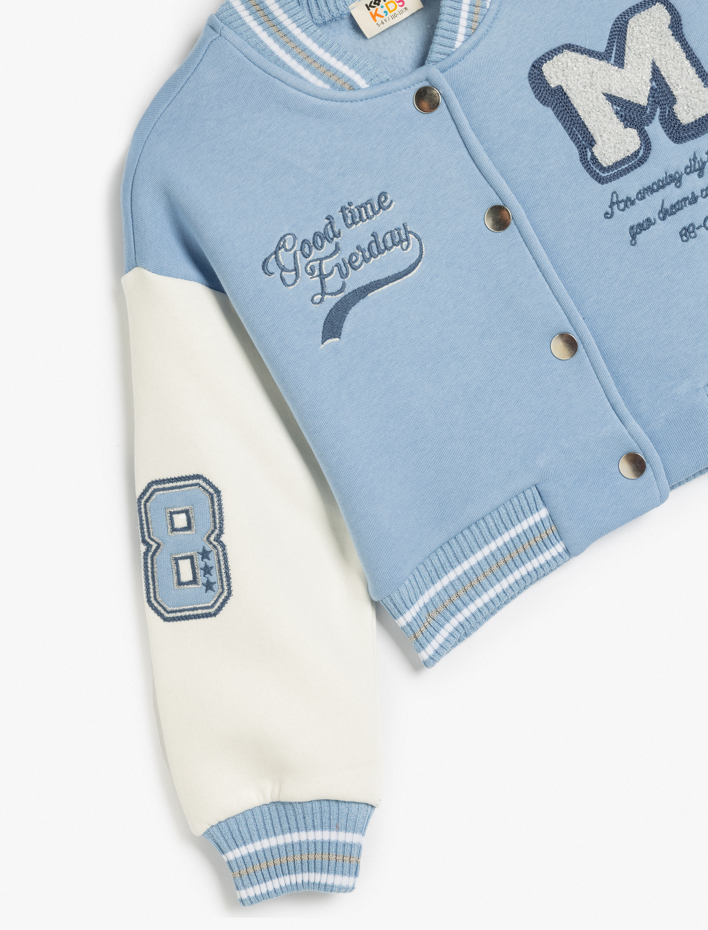  Kız Çocuk Bomber Crop Kolej Ceket Aplike Detaylı Uzun Kollu Renk Bloklu Şardonlu