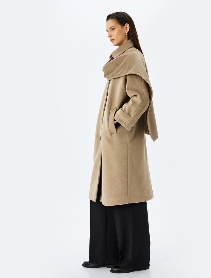  Düğmeli Cepli Uzun Kaşe Atkılı Kaban