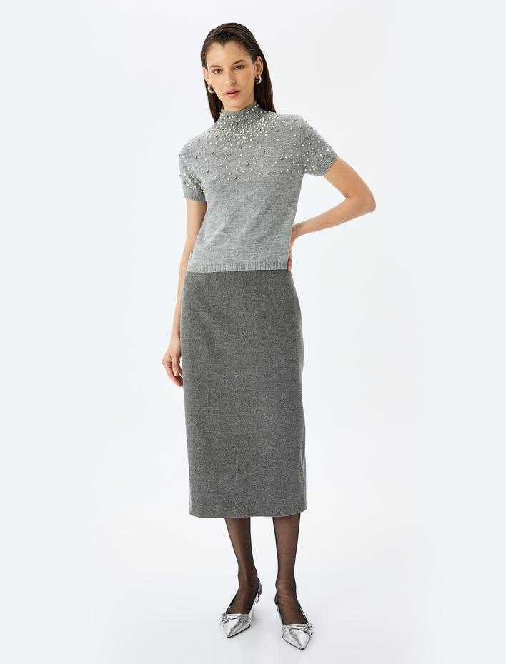  Koton X Melis Ağazat -  Dik Yaka Kısa Kollu Taşlı Triko Kazak