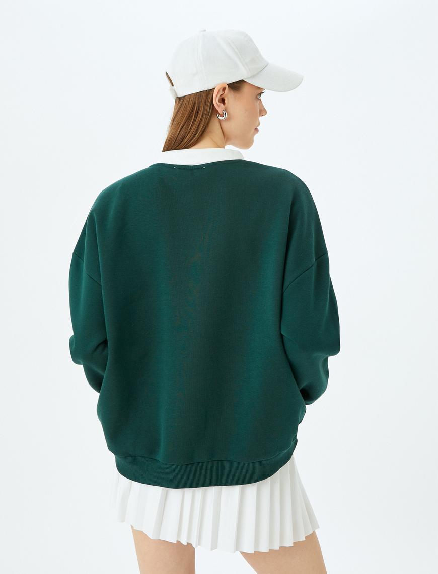   Polo Yaka Kolej Baskılı Şardonlu Oversize Sweatshirt