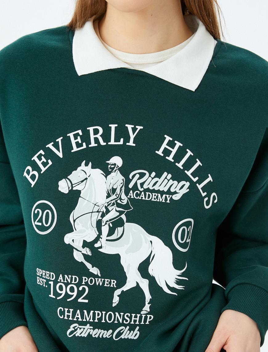   Polo Yaka Kolej Baskılı Şardonlu Oversize Sweatshirt