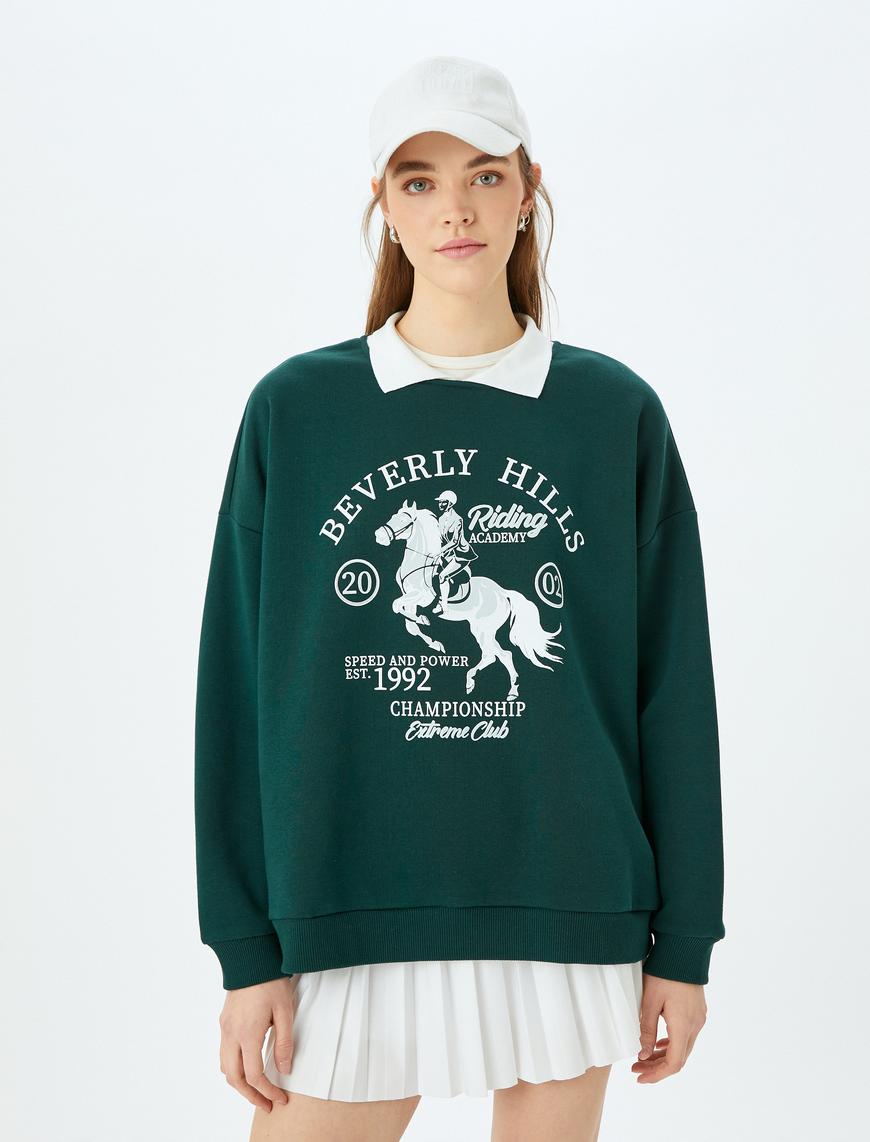   Polo Yaka Kolej Baskılı Şardonlu Oversize Sweatshirt