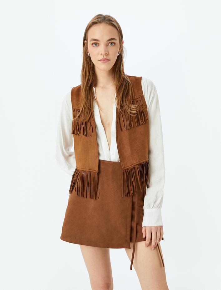  Süet Görünümlü Bağlama Detaylı Mini Şort Etek