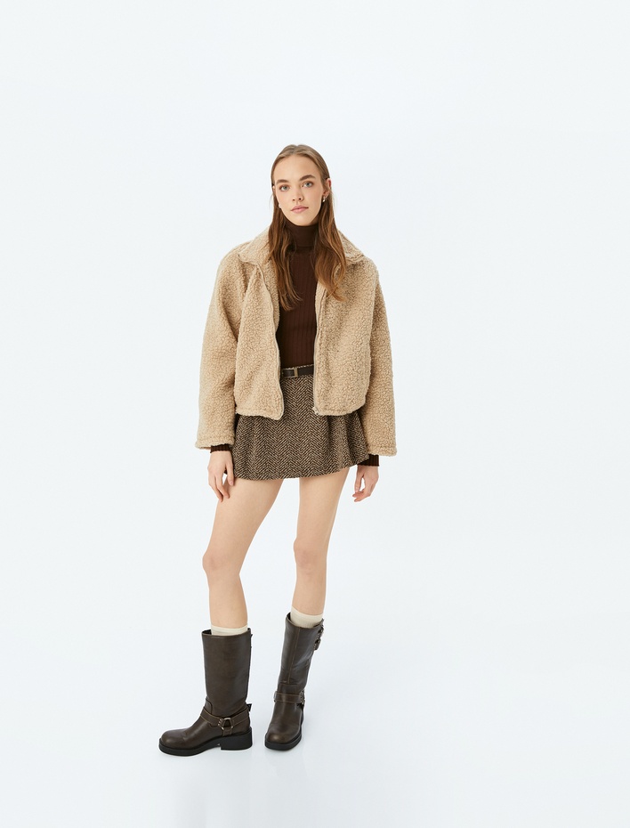  Dik Yaka Cep Detaylı Fermuarlı Peluş Ceket