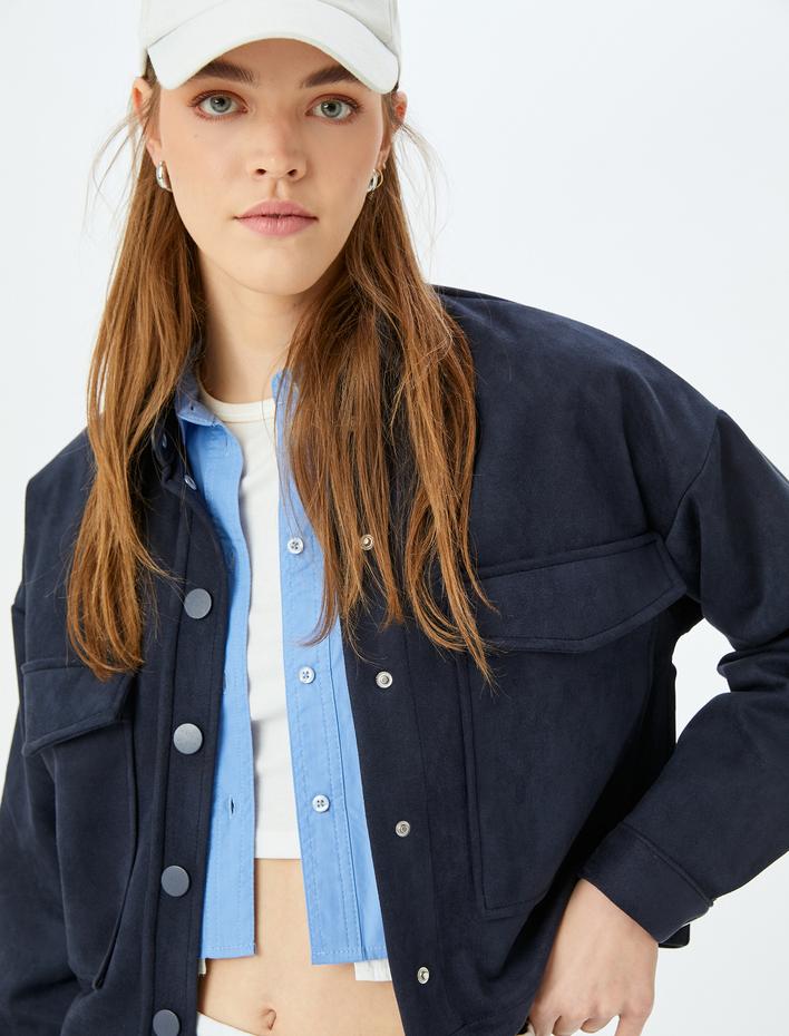  Klasik Yaka Çıtçıt Düğmeli Cep Detaylı Süet Görünümlü Gömlek Ceket