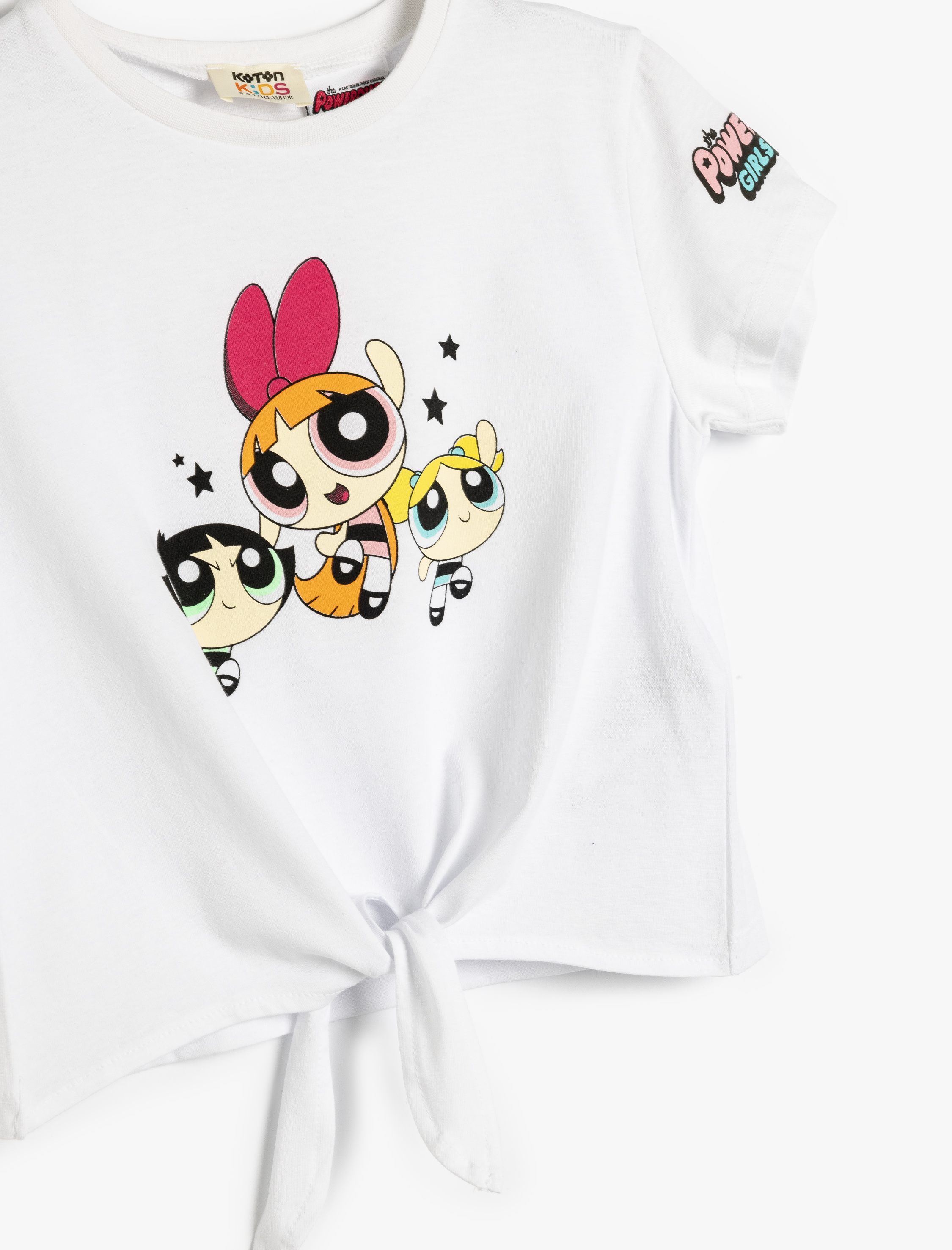  Kız Çocuk Powerpuff Girls Crop Tişört Lisanslı Beli Bağlamalı Kısa Kollu Bisiklet Yaka Pamuklu