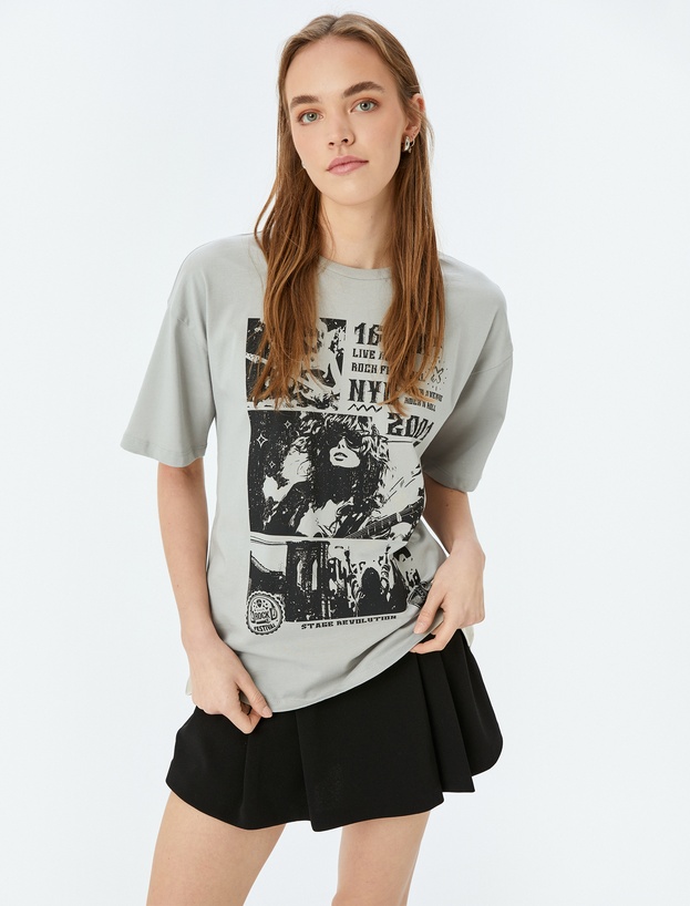 Slogan Baskılı Bisiklet Yaka Kısa Kollu Oversize Tişört_0
