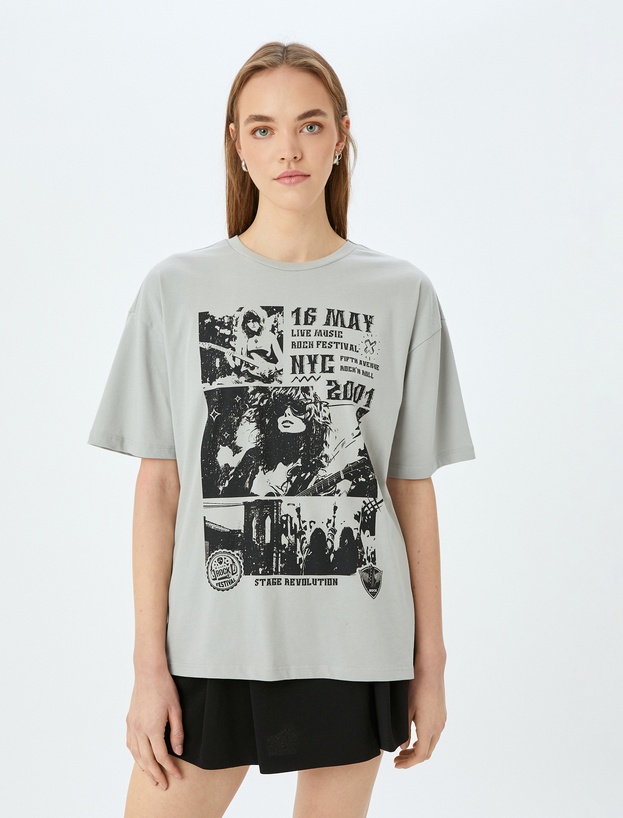 Slogan Baskılı Bisiklet Yaka Kısa Kollu Oversize Tişört_2