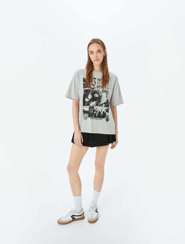 Slogan Baskılı Bisiklet Yaka Kısa Kollu Oversize Tişört_1