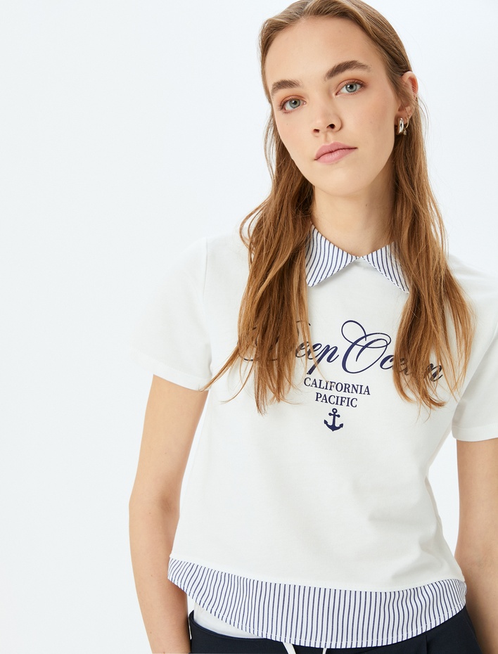  Gömlek Yaka Kısa Kollu Çizgili Kolej Baskılı Tişört