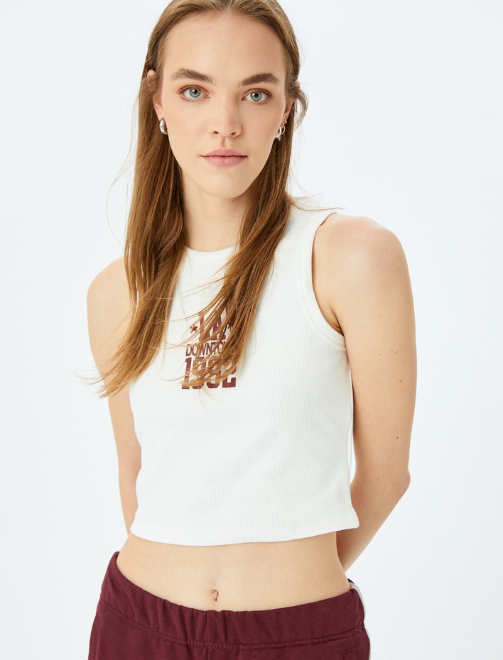  Bisiklet Yaka Kolsuz Slogan Baskılı Crop Fitilli Atlet