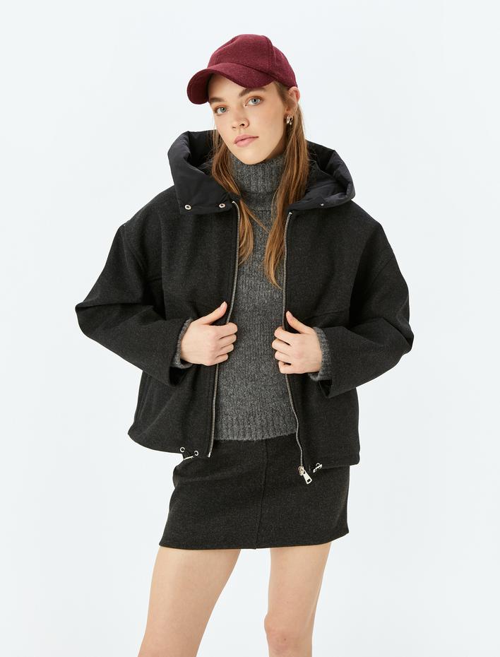  Kapüşonlu Fermuarlı Cepli Oversize Ceket