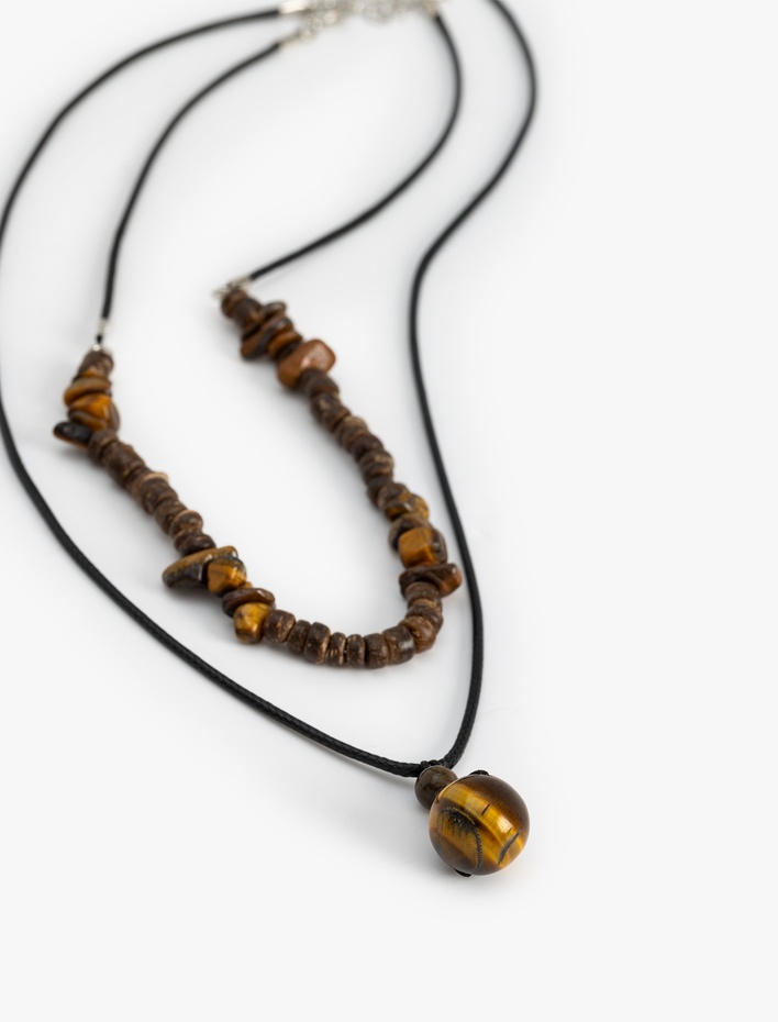 Erkek Çelik Karışımlı İkili Ahşap Boncuklu Kolye