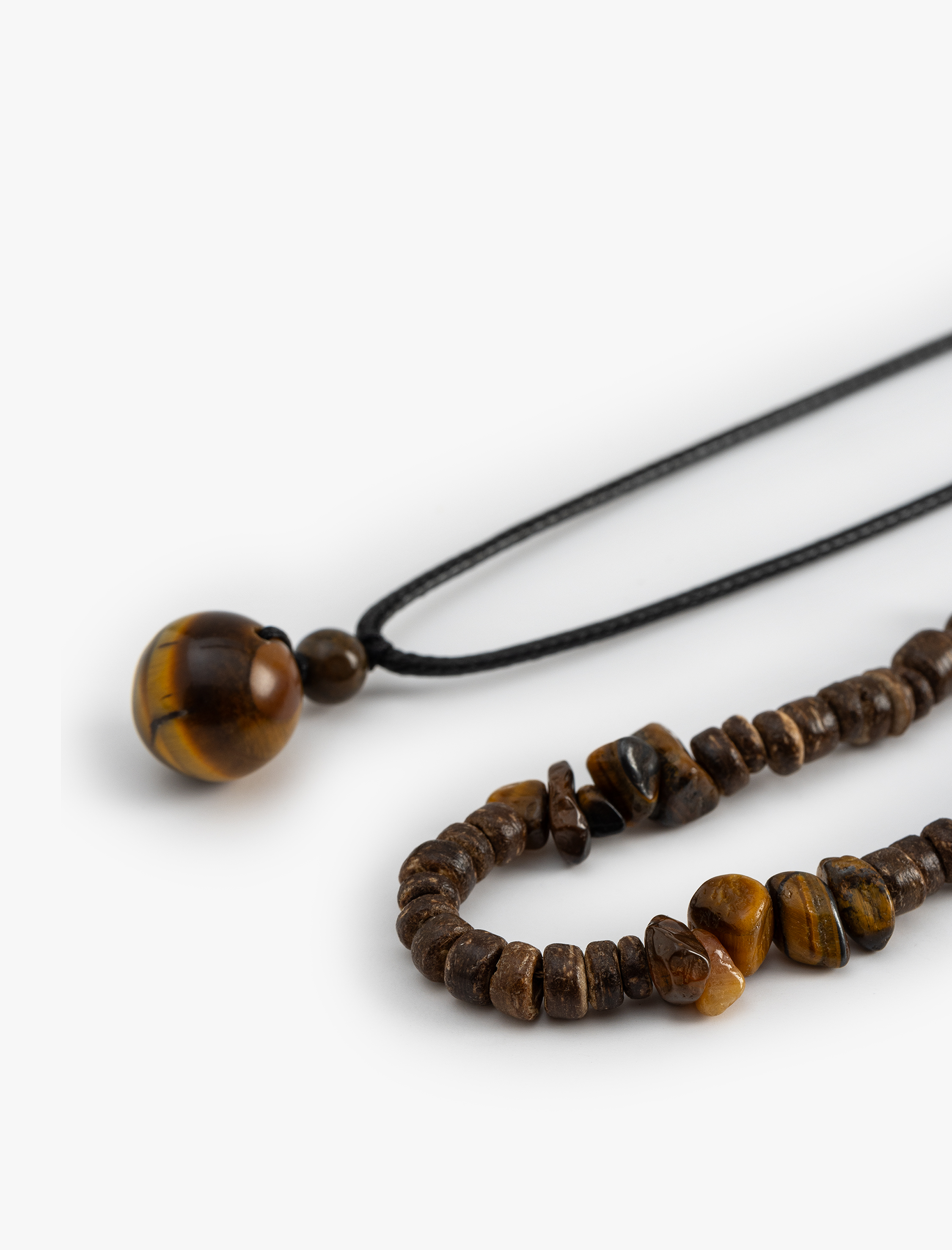  Erkek Çelik Karışımlı İkili Ahşap Boncuklu Kolye