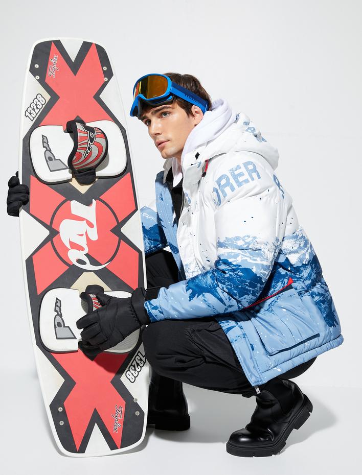  Şişme Mont Kapşonlu Cep Detaylı Fermuarlı Soyut Baskılı