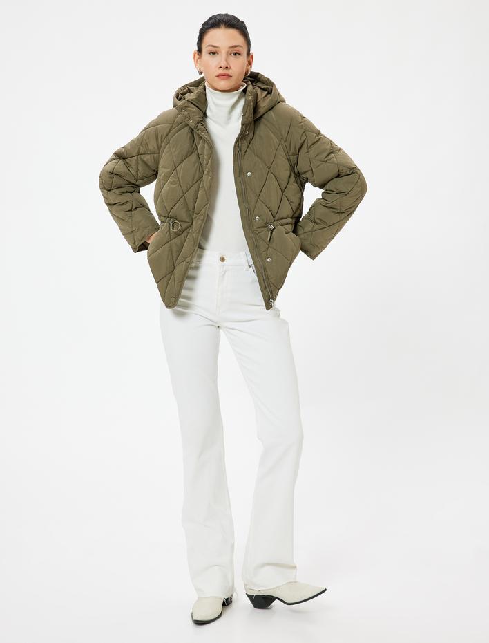  Kapitone Kapşonlu Mont Kalça Boy Cepli Fermuarlı Beli Lastikli