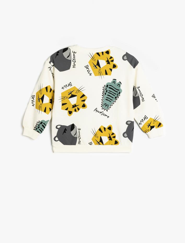 Erkek Bebek Sweatshirt Uzun Kollu Bisiklet Yaka Hayvanlar Baskılı Şardonlu Pamuklu