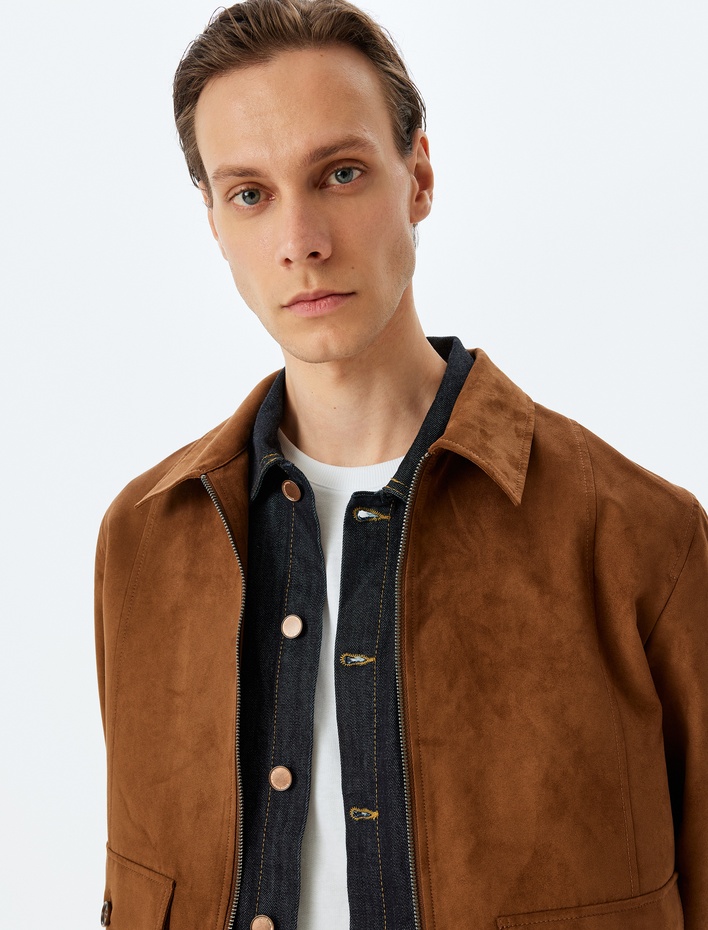  Fermuarlı Kapaklı Düğmeli Cep Detaylı Suni Süet Ceket