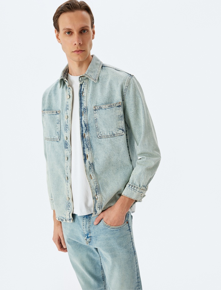  Düğmeli Cep Detaylı Pamuklu Kot Gömlek Ceket