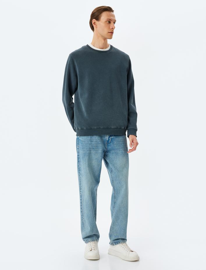  Bisiklet Yaka Uzun Kollu Şardonlu Pamuk Karışımlı Yıkamalı Basic Sweatshirt