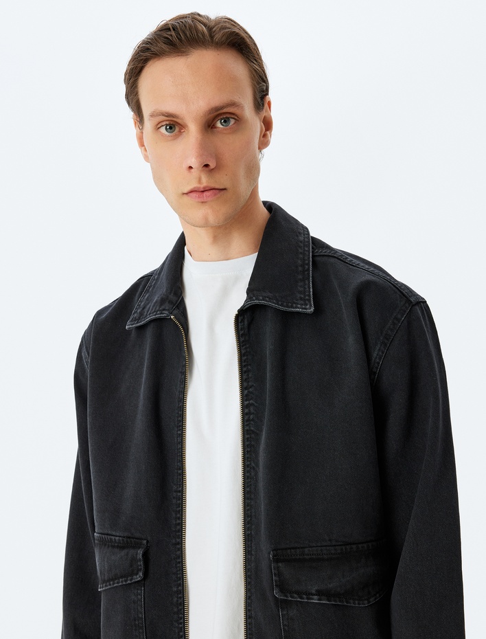  Pamuklu Kapaklı Cep Detaylı Fermuarlı Kot Ceket