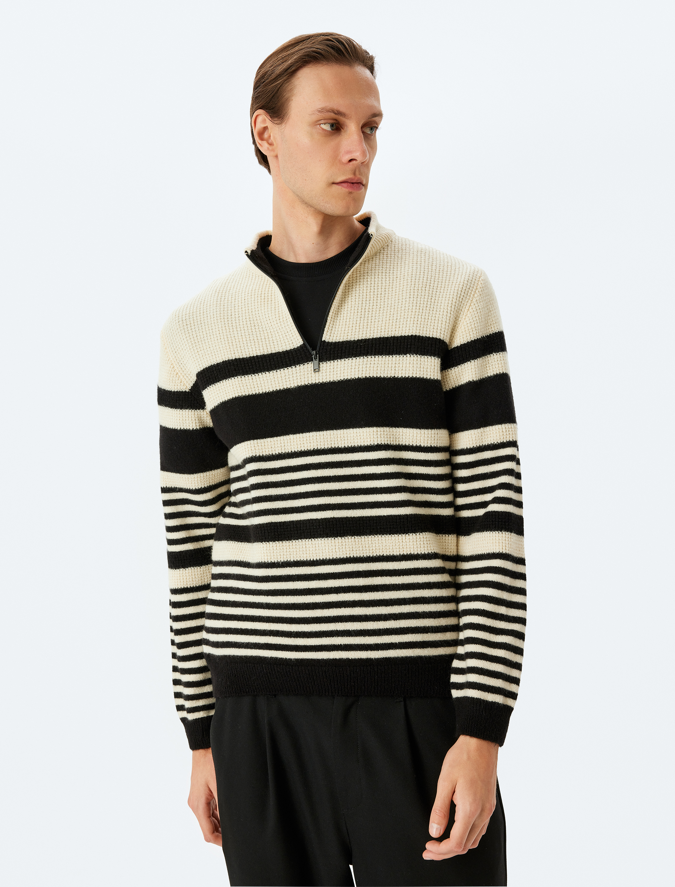   Çizgili Boxy Yarım Fermuarlı Kışlık Triko Kazak