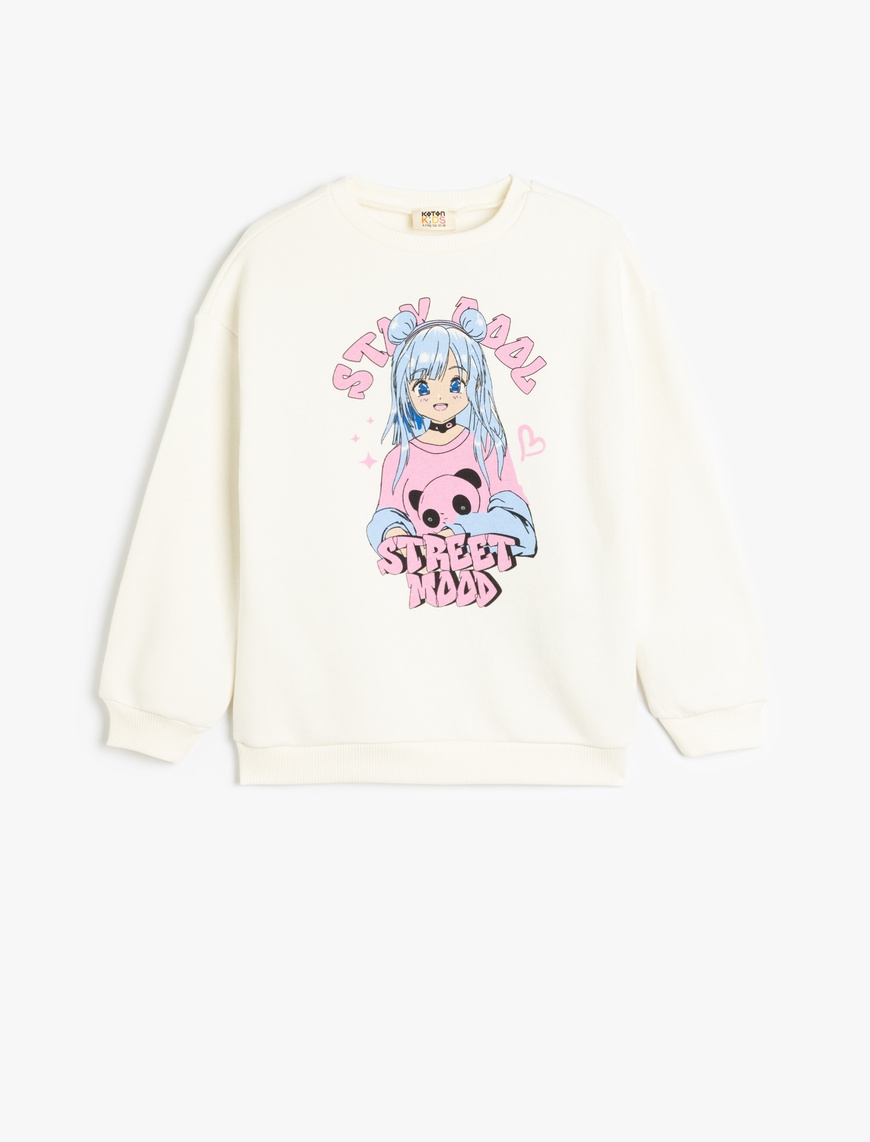  Kız Çocuk Sweatshirt Anime Baskılı Uzun Kollu Bisiklet Yaka Şardonlu