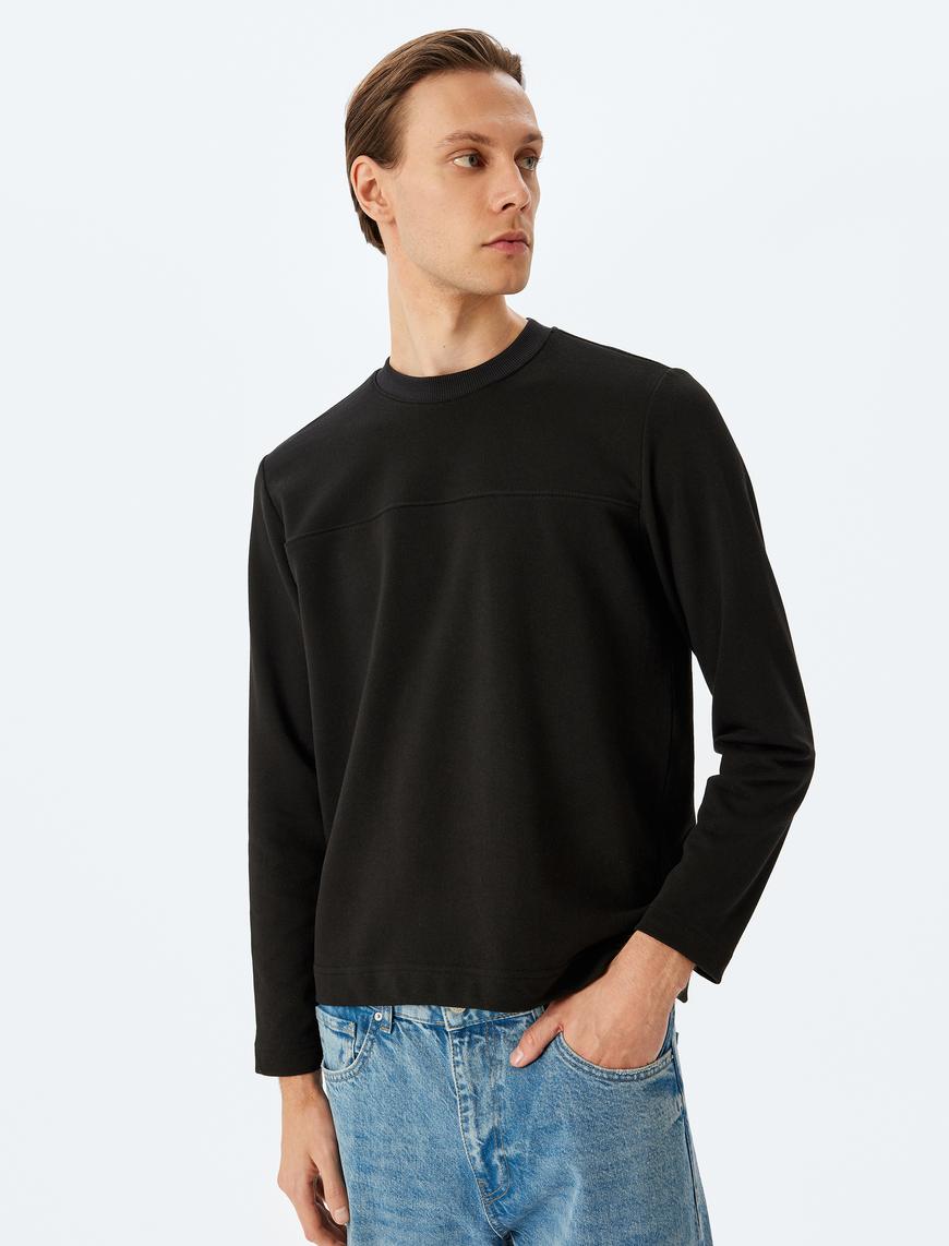   Bisiklet Yaka Uzun Kollu Pamuk Karışımlı Dikiş Detaylı Basic Sweatshirt