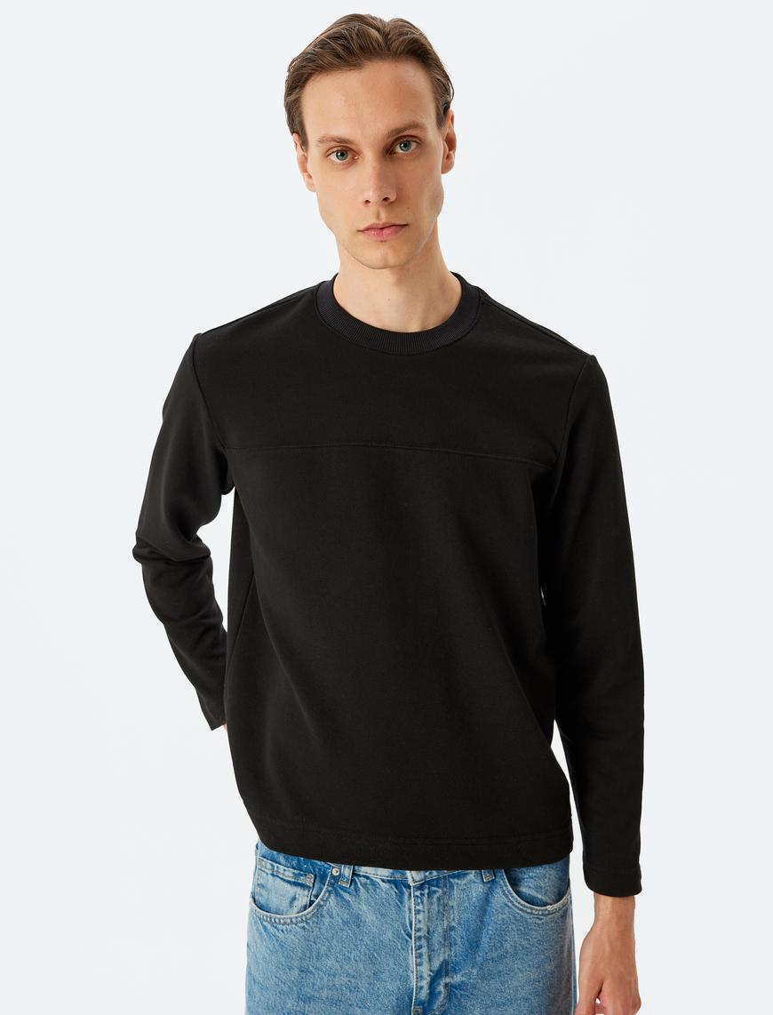   Bisiklet Yaka Uzun Kollu Pamuklu Dikiş Detaylı Basic Sweatshirt