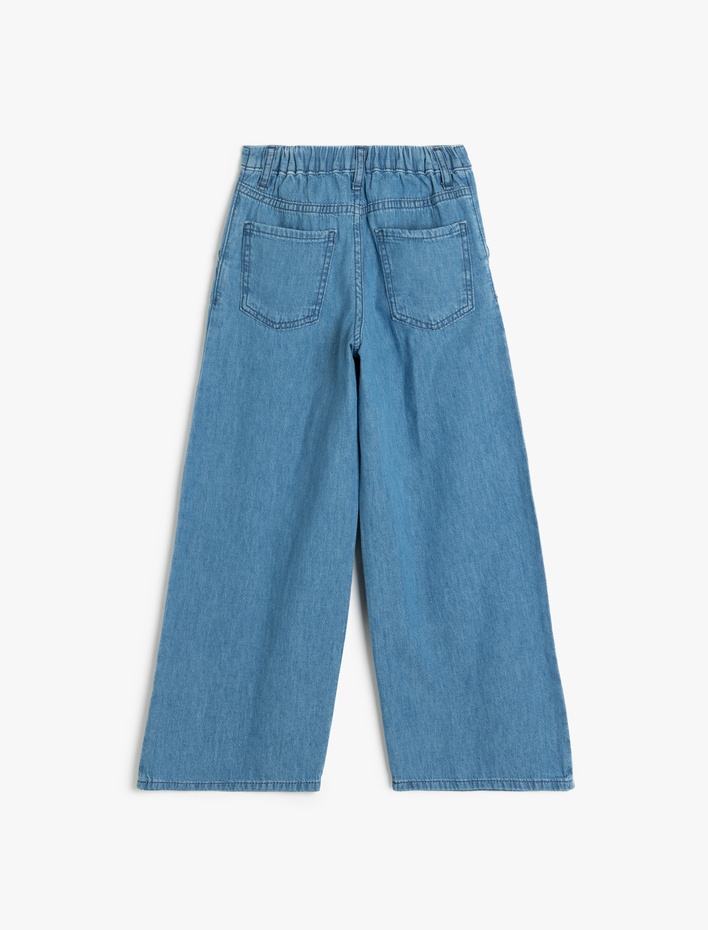 Kız Çocuk Geniş Paça Kot Pantolon Cepli Pamuklu - Wide Leg Jean