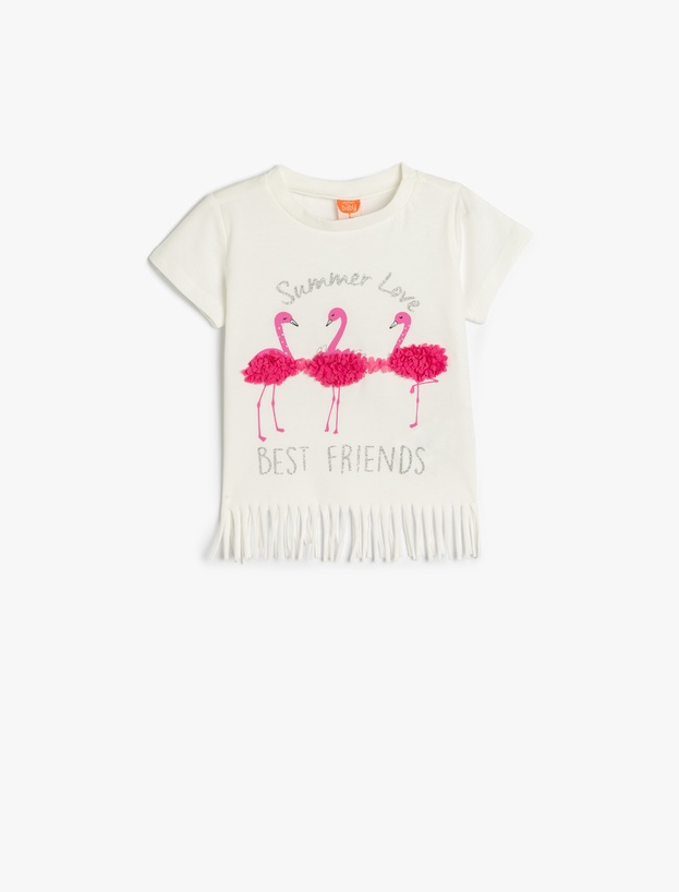 Püsküllü Tişört Flamingo Baskılı Kısa Kollu Bisiklet Yaka Pamuklu_0