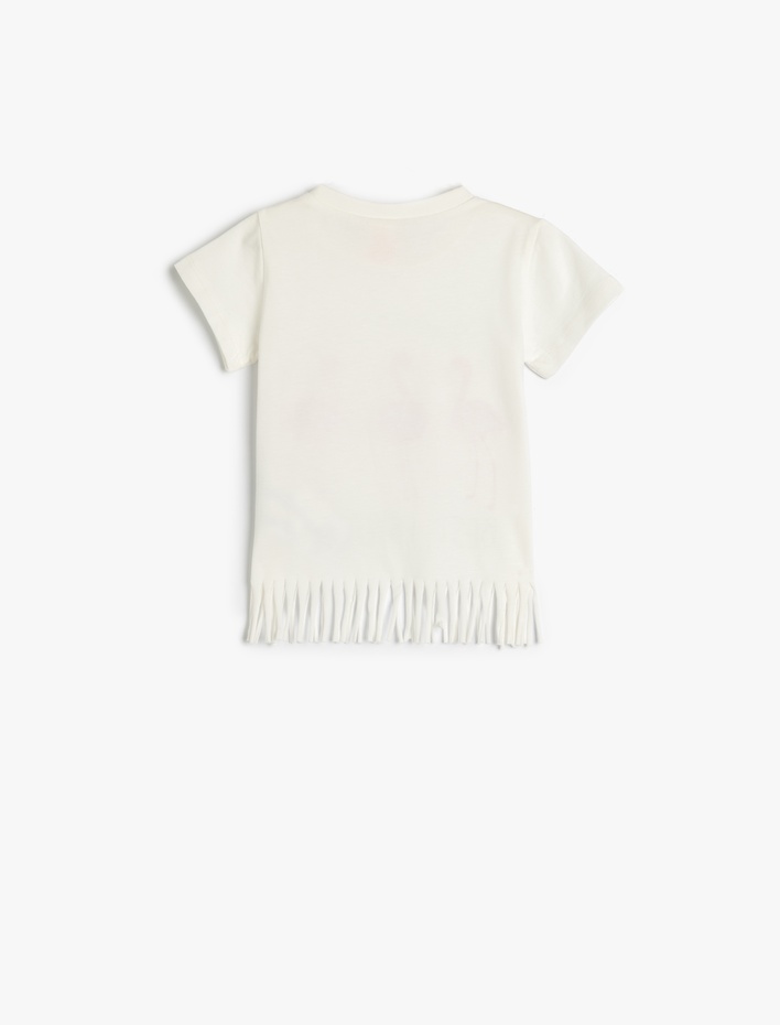 Kız Bebek Püsküllü Tişört Flamingo Baskılı Kısa Kollu Bisiklet Yaka Pamuklu