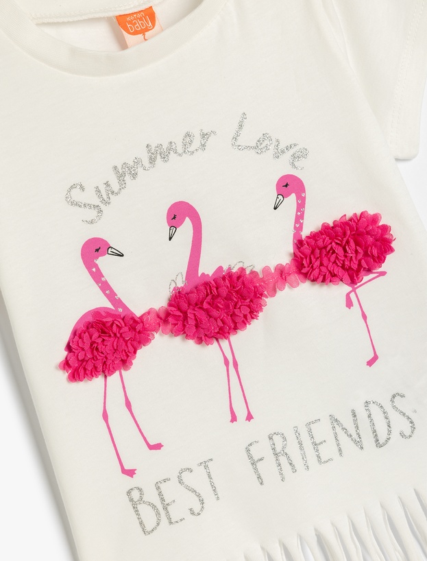Püsküllü Tişört Flamingo Baskılı Kısa Kollu Bisiklet Yaka Pamuklu_2