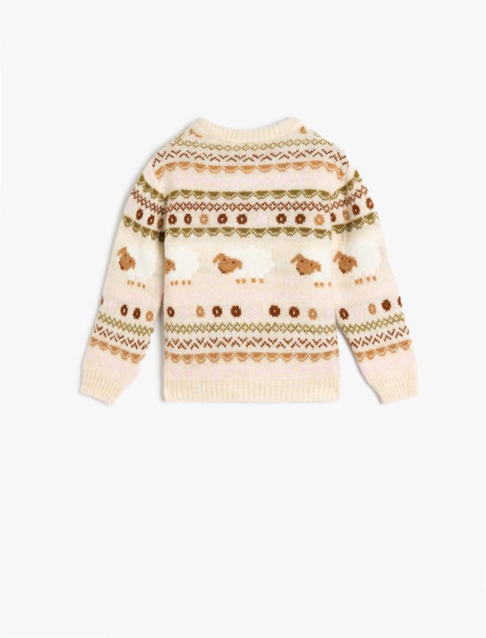 Kız Bebek Triko Kazak Kuzu Desenli Bisiklet Yaka Uzun Kollu